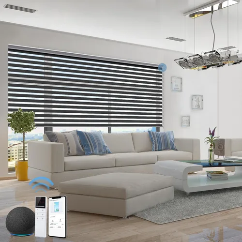 Vista 7 de TIPIACE Persianas inteligentes de cebra motorizadas con cable duro compatibles con Alexa Google Home de doble capa de tela filtrante de luz, Negro