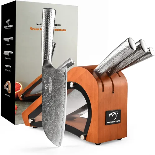 Juego de cuchillos de acero de Damasco con bloque - Juego de cocina de 3 piezas que incluye cuchillo de chef, Santoku, cuchillo de pelar -