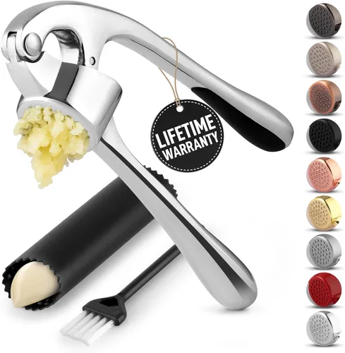 Vista 13 de Zulay Kitchen - Prensa de ajo prémium con mango suave y fácil de apretar, con pelador de ajo de silicona y cepillo de limpieza, de 3 piezas