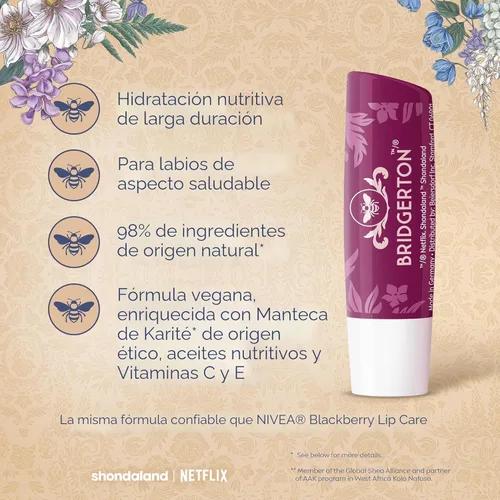 Vista 4 de NIVEA Blackberry Pie - Bálsamo labial nutritivo, Bridgerton edición limitada Bálsamo labial tintado con sabor a mora y manteca de karité, humedad 3
