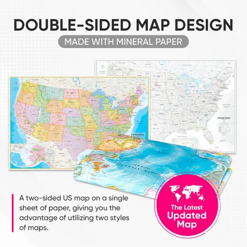 Vista 2 de NOWMAP AquaShield - Póster impermeable de doble cara de Estados Unidos, mapa de Estados Unidos, 24 x 36 pulgadas, plegado con calcomanías de alfiler