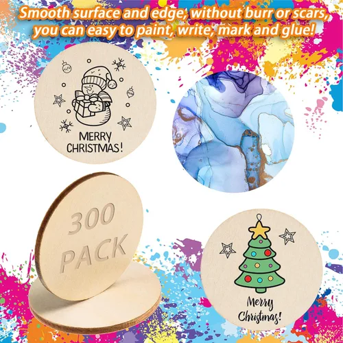 Vista 3 de 300 unidades de 2 pulgadas redondas sin terminar rebanadas de madera redondas de discos de madera para manualidades, recortes redondos de madera