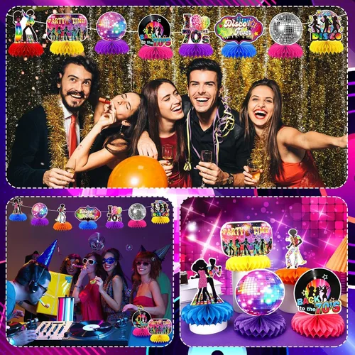 Vista 7 de 10 piezas de decoraciones de fiesta de discoteca de los años 70, centros de mesa de nido de abeja de los años 70 para temática retro, suministros