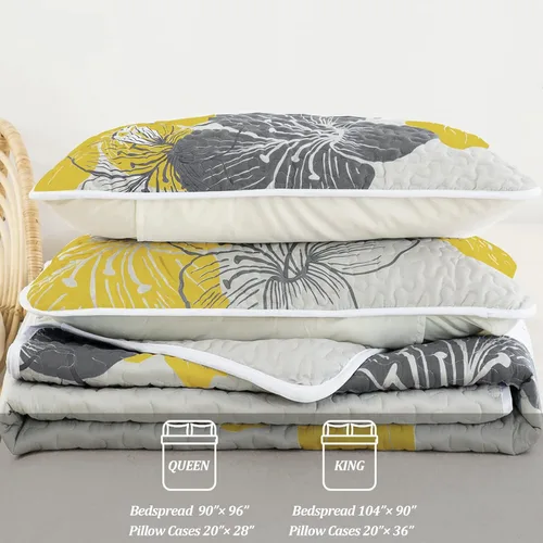 Vista 6 de DJY Juego de edredón de 3 piezas, tamaño Queen, con patrón floral amarillo, elegante colcha bohemia con 2 fundas de almohada, juego de ropa de cama