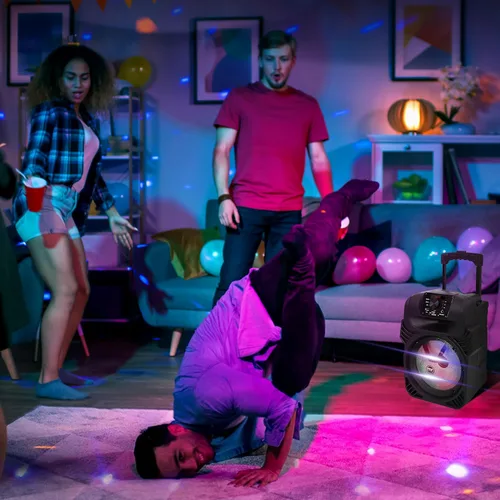 Vista 7 de Pyle Altavoz Bluetooth portátil de 8 pulgadas Altavoz PA de karaoke recargable de 500 W con luces LED de fiesta, entradas de micrófono, radio FM