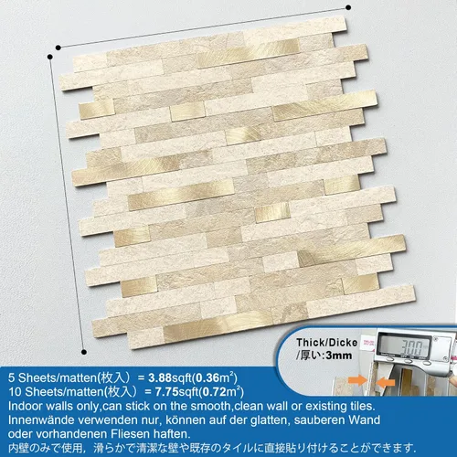 Vista 5 de MOFIT - Azulejo de ladrillo de piedra 3D para cocina, azulejos de pared autoadhesivos, azulejos lineales de mármol, paneles de pared de baño