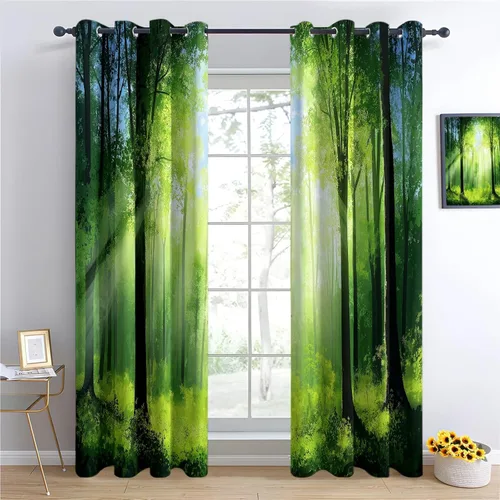 Vista 2 de Green Blackout Curtains for Bedroom 38" W x 54" L 2 Panels, Psychedelic Forest Tree Sunshine Black Out Curtains for Living Room Grommet Thermal