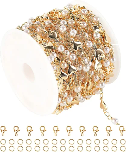 YOUBEIYEE Cadena chapada en oro para hacer collares, pulseras, bricolaje, bola de corazón de latón, cadena de eslabones Rolo a granel con anillos de