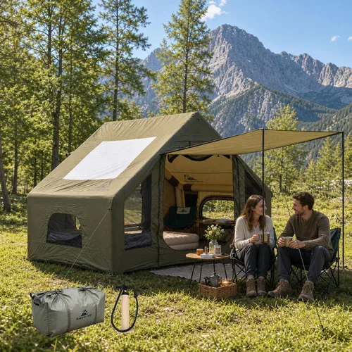 Vista 13 de Tienda de campaña inflable para campamento, instalación rápida con bomba, tienda de campaña Oxford impermeable de 4 estaciones con tragaluz, tienda