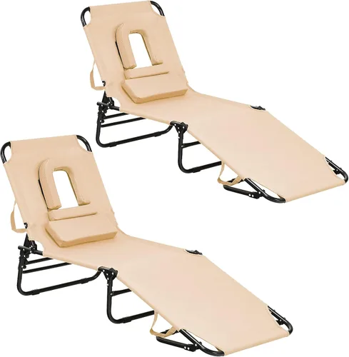 Vista 9 de GYMAX Sillón de playa, silla para tomar el sol, silla plegable ajustable reclinable con agujero para la cara