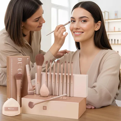 Vista 3 de DUcare Juego de 14 brochas de maquillaje para regalo, 12 brochas de maquillaje serie café con 2 esponjas de maquillaje, base, mezcla de polvo