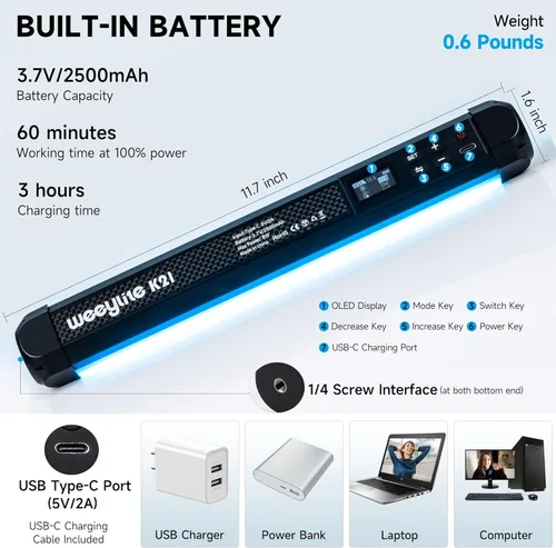 Vista 5 de Weeylite K21 RGB LED Stick Light, control magnético de aplicación LED de video varita con CRI 95+ 2500mAh recargable 2500-8500K luz de fotografía
