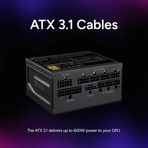 Vista 4 de Cooler Master V850 SFX Gold ITX SFF Fuente de alimentación modular, 850W 80Plus Gold, ATX 3.1 90° PCIe 5.1, Diseñado para Nvidia RTX 5080 AMD