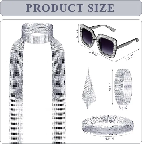 Vista 3 de Xtinmee Conjunto de 6 piezas de traje de discoteca de los años 70 para mujer, disfraz de discoteca, overol de joyería, diadema, pulsera, collar