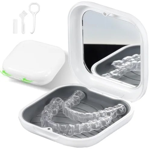Vista 15 de Caja de retención, Estuche delgado para alineador con agujeros ajustables de ventilación y espejo, Compatible con Invisalign, Protector nocturno