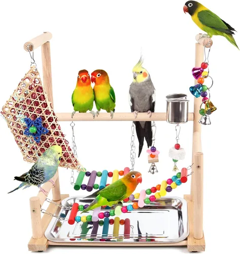 Vista 8 de Parque de Aves, Soporte de Juego para Loros de Pequeño a Mediano Tamaño, Soporte de Perca con 3 Escaleras, Gimnasio de Juego con Perca de Cuerda
