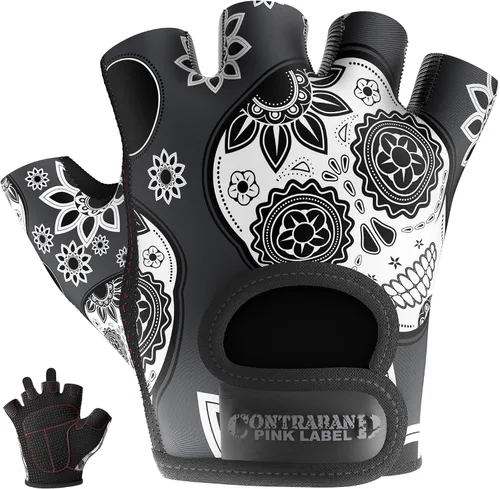 Contraband Pink Label 5237 – Guantes de levantamiento de pesas con calavera, para mujer, Serie Design (1 par), Gris, XS