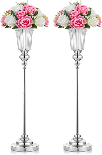 Vista 17 de NUPTIO Jarrón de centro de mesa alto dorado: 2 piezas de 30.5 "Soporte de flores de boda para mesa jarrón de trompeta de metal para decoraciones