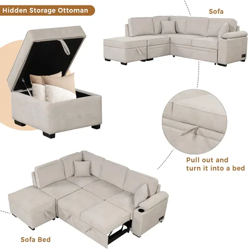 Vista 4 de 84.75 Inch L Shape Sleeper Sofa Bed with Storage Ottoman, 2 in 1 Pull Out Convertible Sectional Couch for Living Room, Bedroom, Small Apartment,Beige