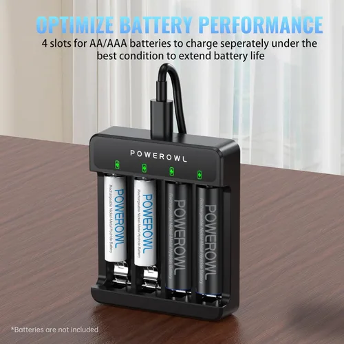Vista 2 de POWEROWL Cargador de batería AA AAA de 4 ranuras, carga rápida USB, ranura independiente, para baterías recargables Ni-MH Ni-CD, sin adaptador