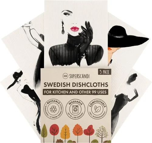 Vista 13 de SUPERSCANDI Paquete de 5 paños de cocina suecos para cocina, toallas de papel reutilizables 100% biodegradables y compostables, lavables, seguros