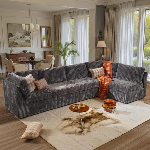 Vista 44 de Ovios - Sofá modular con diván en forma de U y otomanas, cómodo y mullido, tapizado en pana estilo nube, moderno, asiento profundo, juego de sofás
