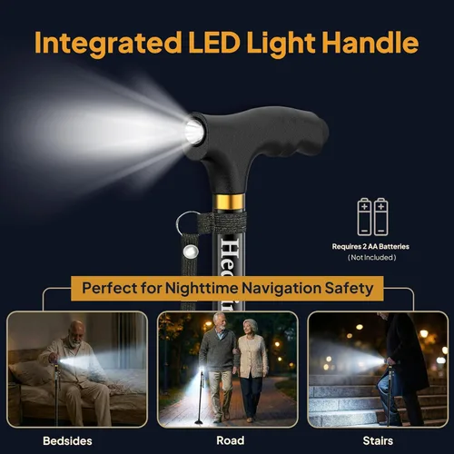 Vista 3 de Bastón para caminar con luz LED, plegable, ajustable, bastones para caminar autoportantes para hombres y mujeres, bastones para caminar con base