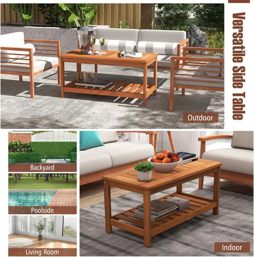 Vista 7 de HAPPYGRILL Mesa auxiliar de patio, mesa auxiliar de doble nivel con estructura de madera maciza, mesa de listones y estante, mesa de centro