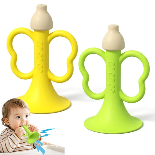 Juguete de trompeta para bebé de 6 a 12 meses, juguete de silicona para sonar bocina de bebé con 2 piezas de color amarillo y verde para juego