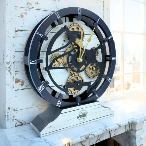 Vista 8 de Reloj de escritorio The Gears Clock de 10 pulgadas con engranajes móviles reales convertible en reloj de pared (Lava Roja)