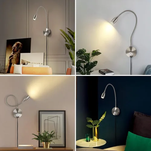 Vista 2 de Luz LED de lectura de pared con puerto de carga USB, interruptor regulable táctil, lámpara de noche de cuello de cisne, brazo flexible, 3 W