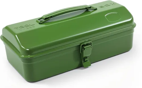 Caja de herramientas de metal portátil verde militar, estilo de techo de cadera con cierre de cierre de metal, pecho de herramienta para taller