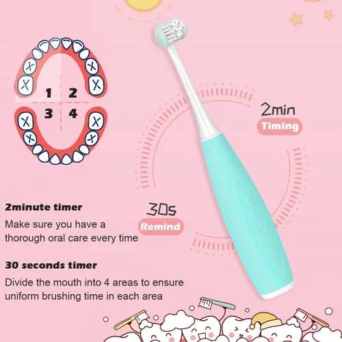 Vista 3 de Triple Best Cepillo de dientes sónico para niños, cepillo de dientes recargable de 32000 VPM, diseño patentado de 3 cabezales de cepillo, cerdas