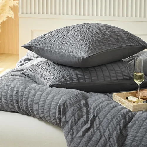 Vista 4 de WARMDERN Juego de funda de edredón tamaño Queen, 3 piezas de microfibra lavada gris, juego de ropa de cama suave y transpirable con textura a rayas