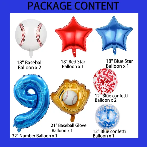 Vista 90 de Globos de béisbol de papel de aluminio para decoración de cumpleaños, globos de guante, globo de confeti de estrella roja y azul para novato