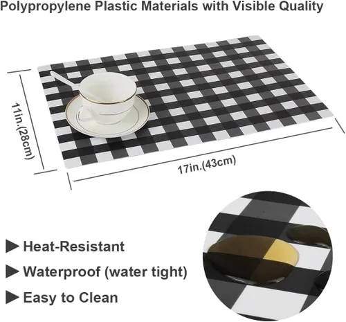 Vista 3 de Buffalo - Juego de 4 manteles individuales de plástico a cuadros, lavables, fáciles de limpiar, lavables para mesa de comedor, resistentes al calor