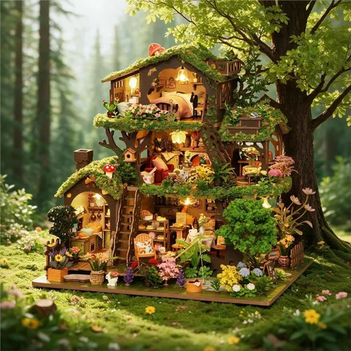 Vista 12 de CRIOLPO Kit de casa de muñecas en miniatura con luces LED para adultos y Aventuras en el bosque