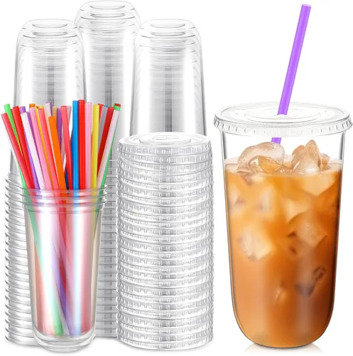 Vista 11 de Ziliny - Paquete de 50 vasos de plástico de 12 onzas con tapas, pajitas