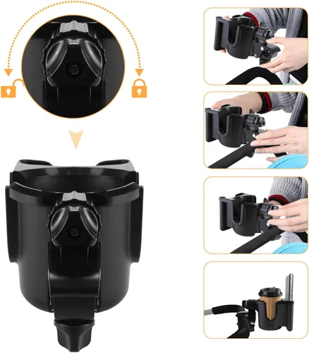 Vista 7 de Portavaso universal para cochecito con soporte para teléfono, soporte para botella giratorio 360° con clip fuerte, accesorios para cochecito