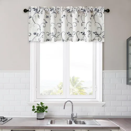 Vista 34 de VOGOL - Cenefa de cocina bordada con flores para ventanas, cenefa decorativa con filtro de luz para baño, cortinas con bolsillo para varilla corta