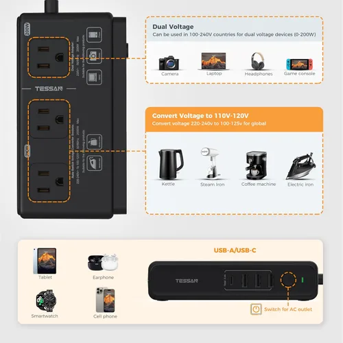 Vista 3 de TESSAN - Convertidor de voltaje de viaje de 220 V a 110 V, con 4 puertos USB (1 USB C), 3 salidas de CA y adaptador de viaje universal EU UK AU IT
