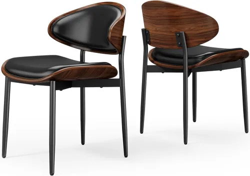 REONEY Juego de 2 sillas de comedor, sillas modernas de mediados de siglo tapizadas de cuero PU con respaldo de madera curvada de nogal y patas de