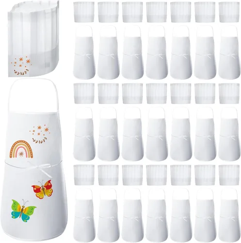 JaGely Juego de 60 piezas de delantal y sombrero de chef con 30 delantales, 30 sombreros blancos, disfraz para niñas, niños, cocina, pintura,