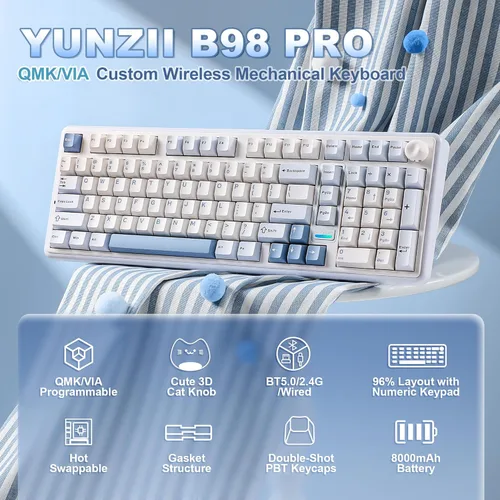 Vista 2 de YUNZII B98 PRO QMK/VIA Wireless Mechanical Gaming Keyboard, 96% Layout with Numpad and Cute Cat Knob, BT/2.4G/USB-C, Pre-Lubed Switch Hot Swap