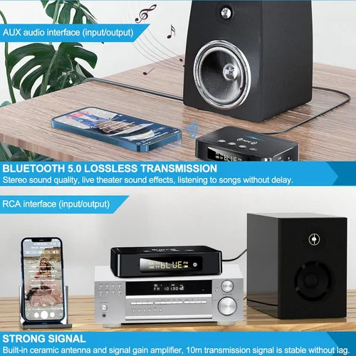 Vista 8 de Adaptador receptor transmisor Bluetooth 5.0 Audio 3 en 1 Adaptador de audio Bluetooth 0.138 in AUX RCA óptico USB HiFi música estéreo, FCC Pass