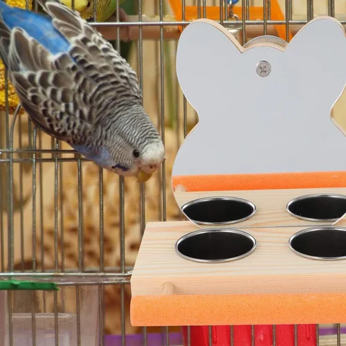 Vista 7 de Espejo de loro con cuenco de comida de agua, soporte de madera, accesorio de jaula para alimentación, periquitos