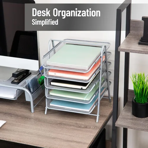 Vista 2 de Mind Reader Organizador de bandejas de papel de 5 niveles, estante vertical de almacenamiento de archivos de escritorio, para oficina, de rejilla