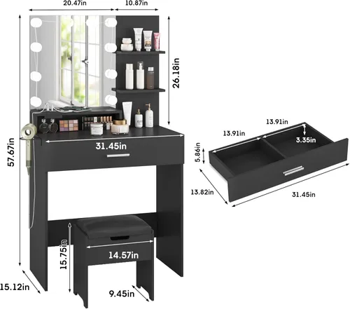 Vista 2 de Vabches Mesa de tocador pequeña con espejo y luces, tocador de maquillaje con silla de almacenamiento y regleta de enchufes, juego de mesa