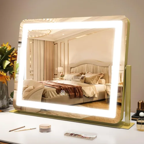 Vista 9 de ROLOVE Espejo de tocador con luces, espejo de maquillaje LED de 12.6 x 15 pulgadas, espejo de maquillaje iluminado con luces, control táctil