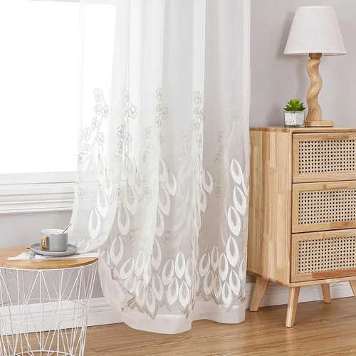 Vista 80 de VISIONTEX Juego de 2 paneles de cortinas traslúcidas blancas de 63 pulgadas de largo, con bordado de coral beige, bolsillo para barra, cortinas